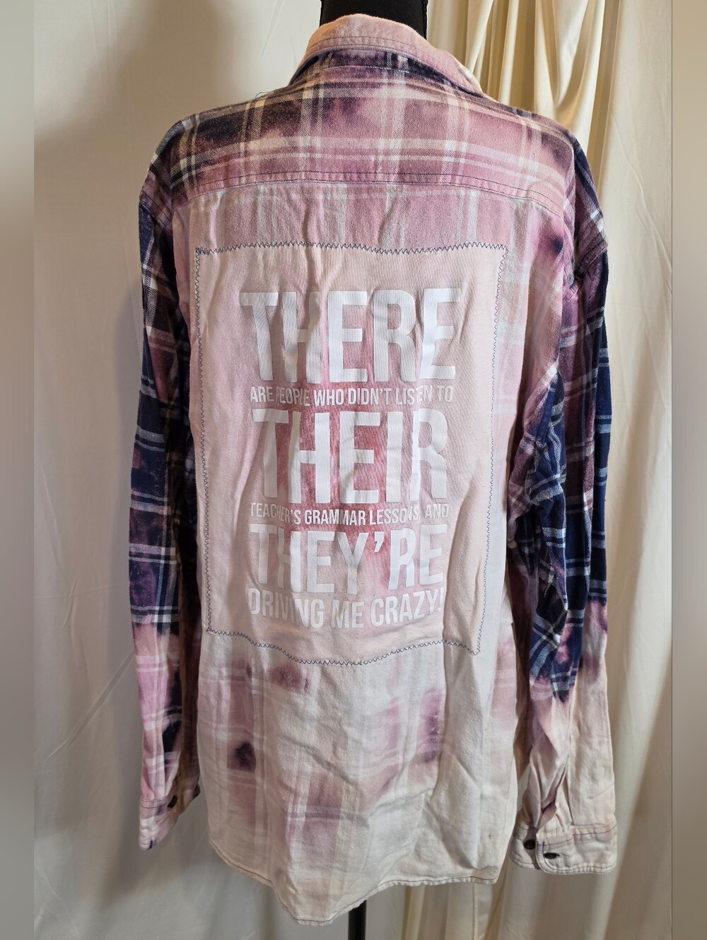 Upcycled Flannel Shirt Jacket XL Grammar Quote Patch